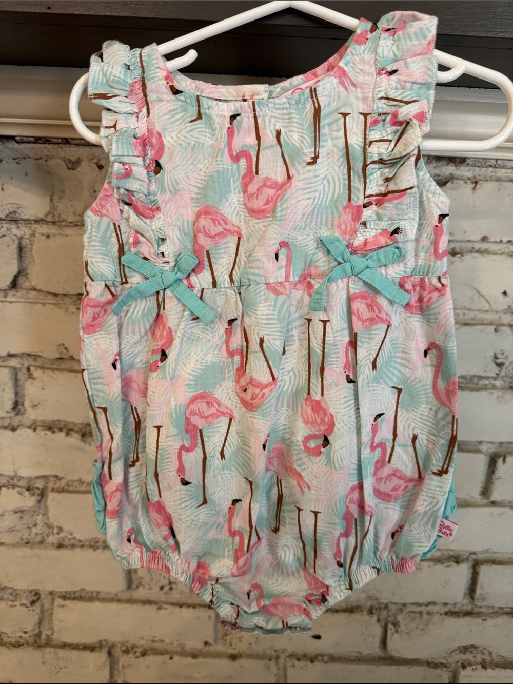 Ruffle Butts Girls Pink Flamingo Print Bubble Romper
